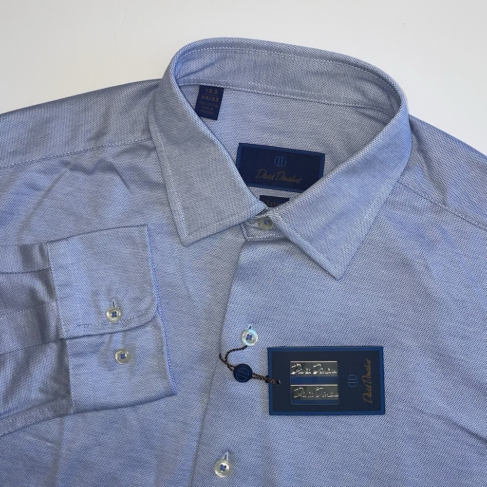 NEW David Donahue Dress Shirt 15.5 34/35 Trim Blue Barrel Cuff Cotton Textured